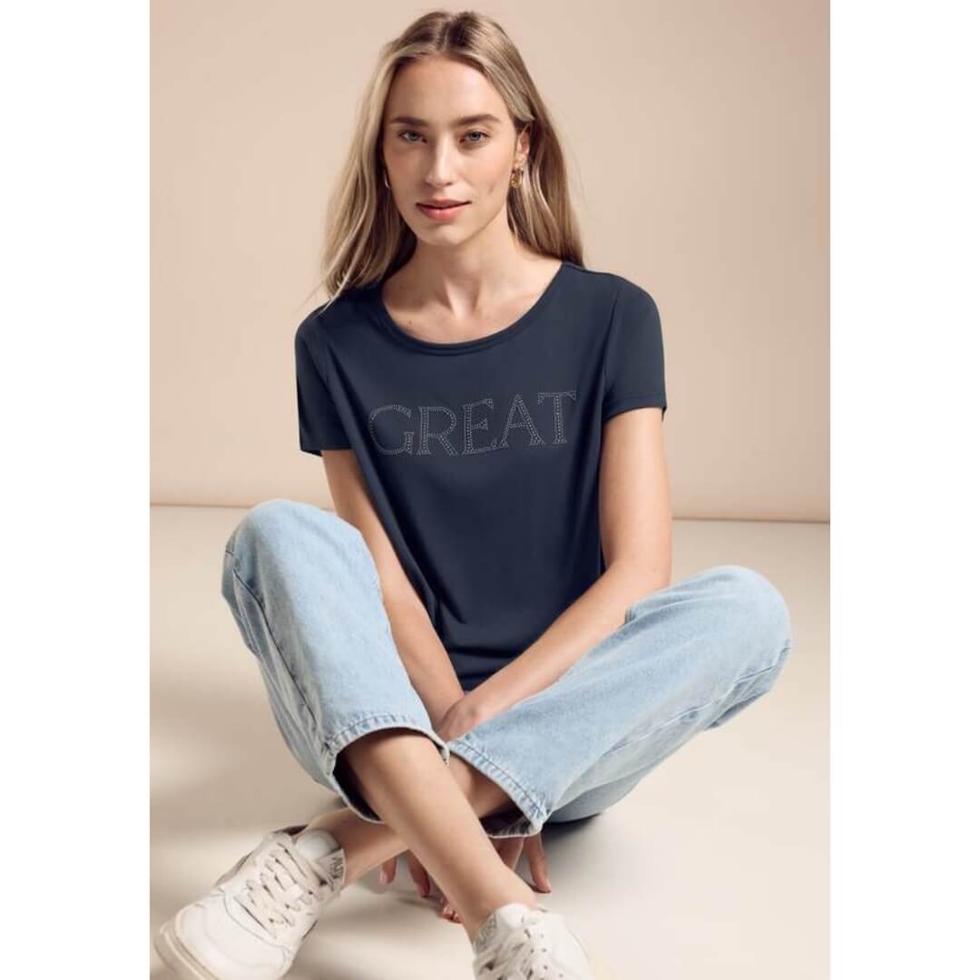 Street One t-paita silk look, tummansininen - Moment.fi