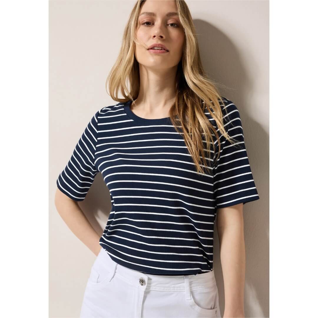 Cecil t-paita raidallinen rib, tummansininen - Moment.fi