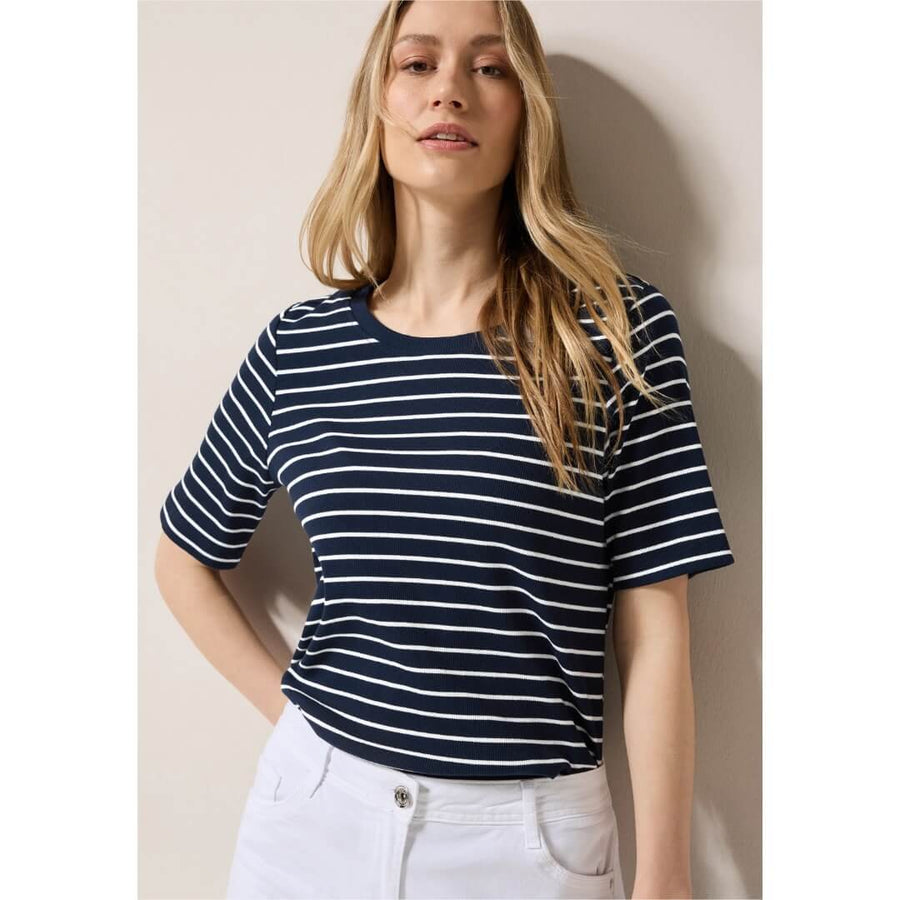 Cecil t-paita raidallinen rib, tummansininen - Moment.fi